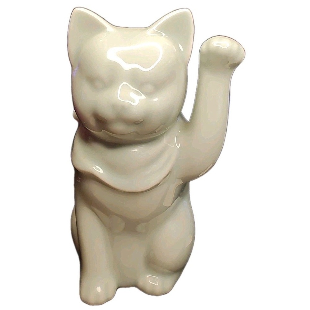 Celadon Maneki Neko Cat 9" Tall Beckoning Wealth and Prosperity Vintage